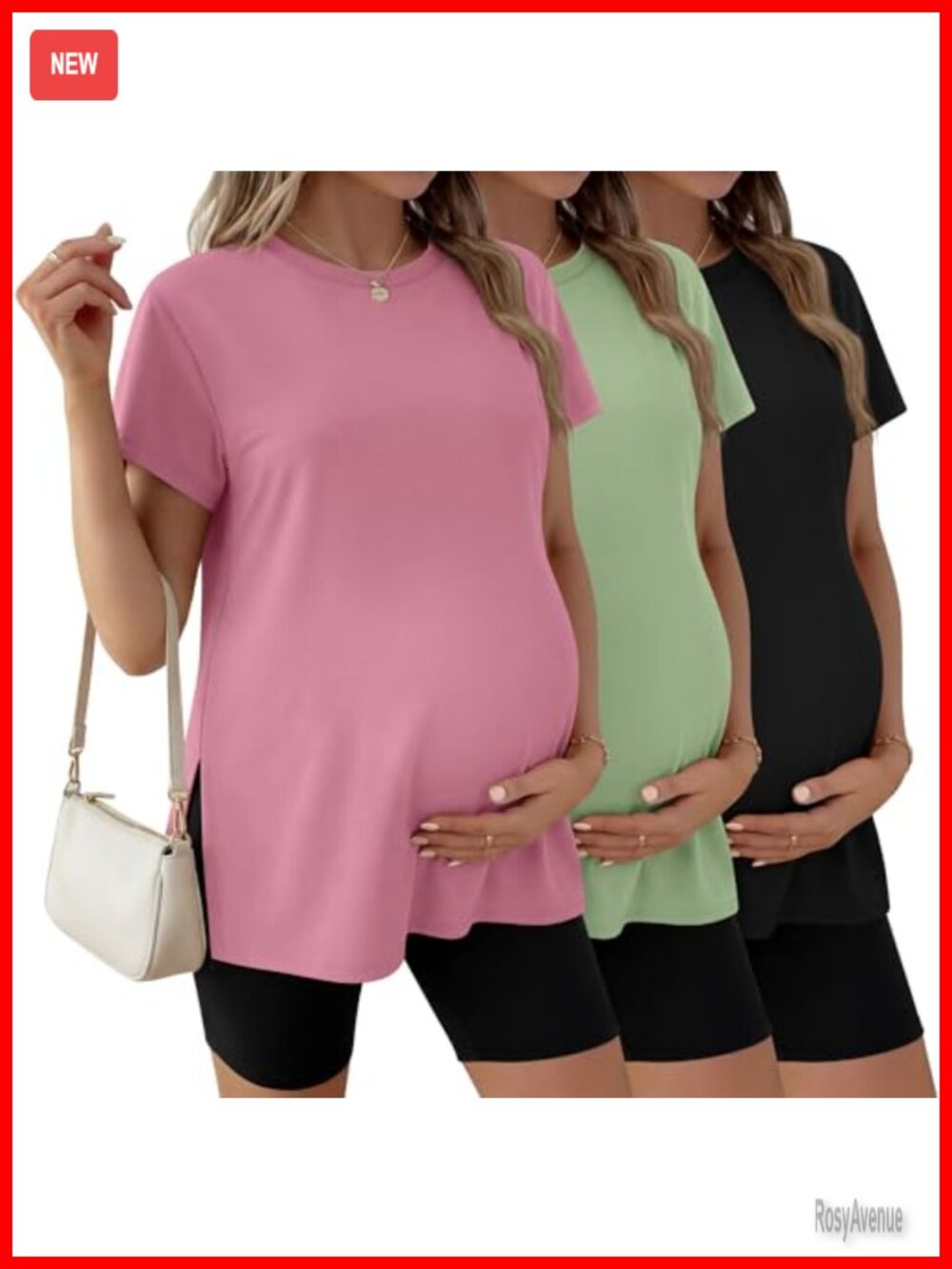 Maternity T-Shirts 3 Pack Short Sleeve Side Split Crew Neck Pregnancy Tops